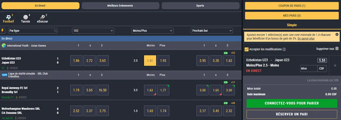 Winner Bet : onglet En Direct avec les matchs en cours