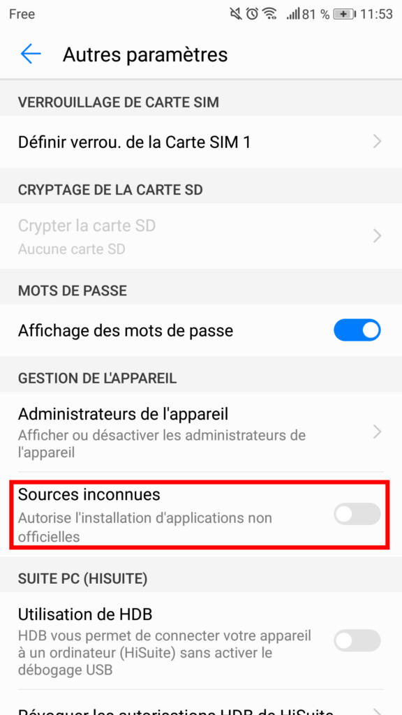 Étape 4 : autoriser l'installation depuis des sources inconnues