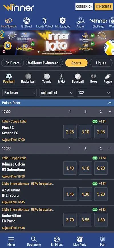 page d'accueil de l'application Winner Bet