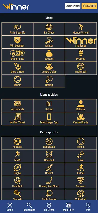 menu de l'application Winner Bet